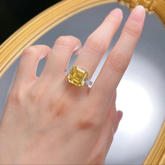 Art Deco Asscher Cut Yellow Diamond Ring Size 5 - Picture 9 of 11